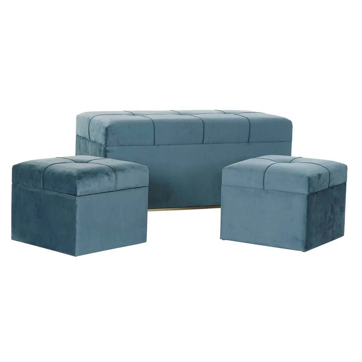 3er-Set Sitzbänke & Hocker „Velvet Blue“ – Samt, Metall, Stauraum Bigbuy