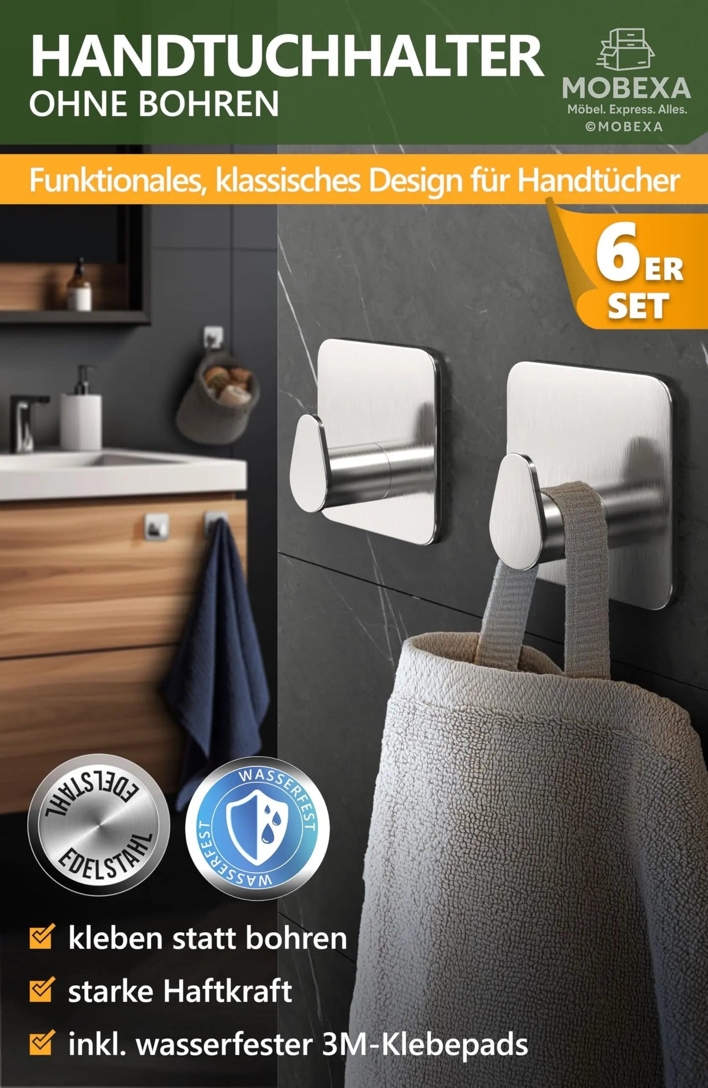 4smile Towel Rail without Drilling, Set of 6, Black - Bathroom Towel Holder Made of Stainless Steel, Functional Adhesive Hooks, High Load Capacity - Waterproof Hooks for Bathroom, Hooks Self-Adhesive MOBEXA