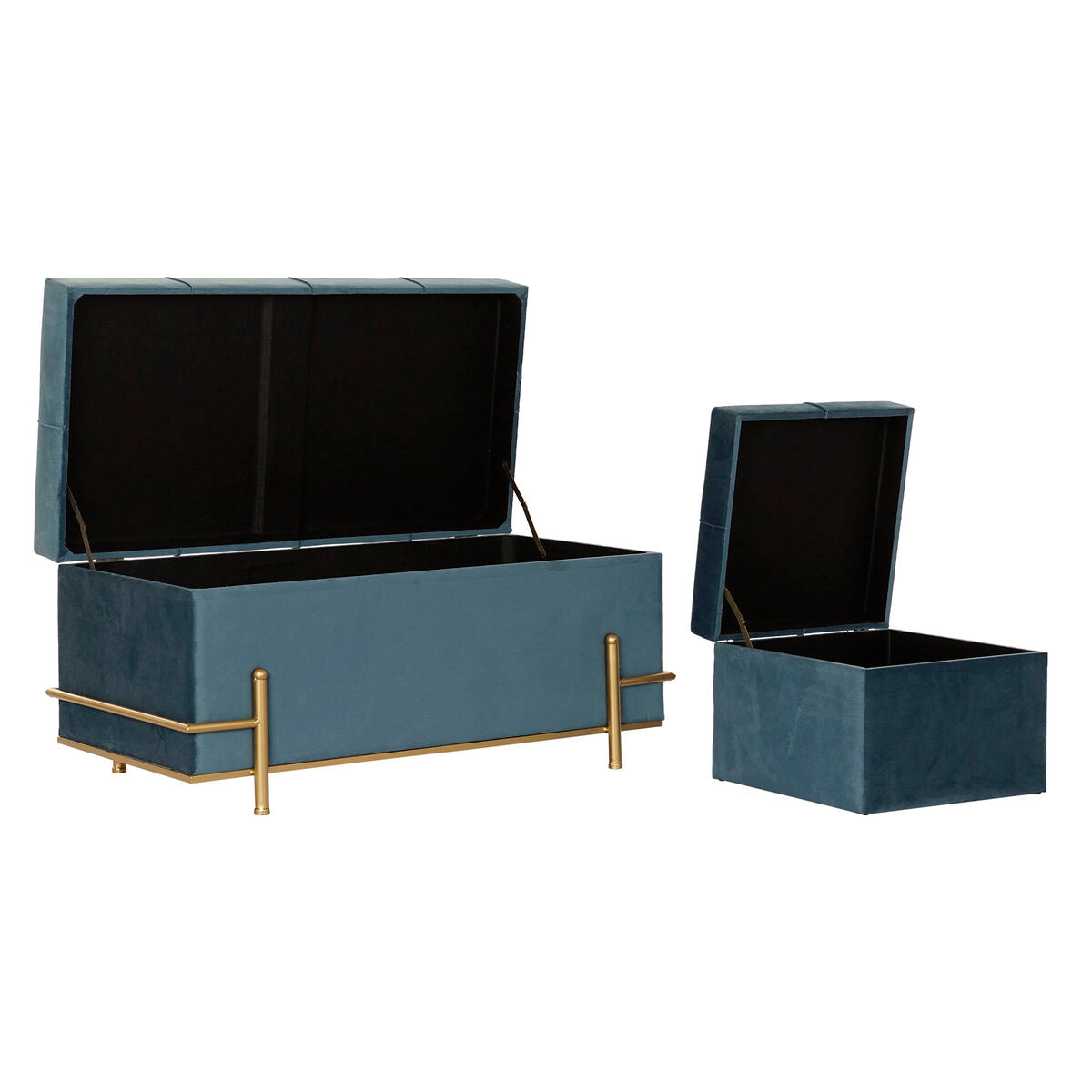 3er-Set Sitzbänke & Hocker „Velvet Blue“ – Samt, Metall, Stauraum
