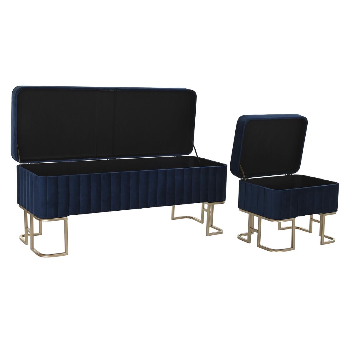 3er-Set Sitzbänke & Hocker „Glamour Blue“ – Samt & Gold, 110 cm
