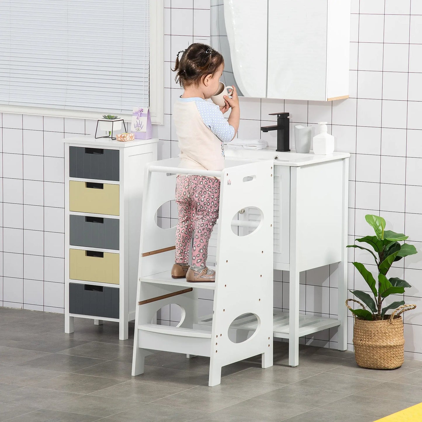 HOMCOM Kinder-Lernturm „Kitchen Helper“ – Verstellbarer Lernturm Taupe Shadow