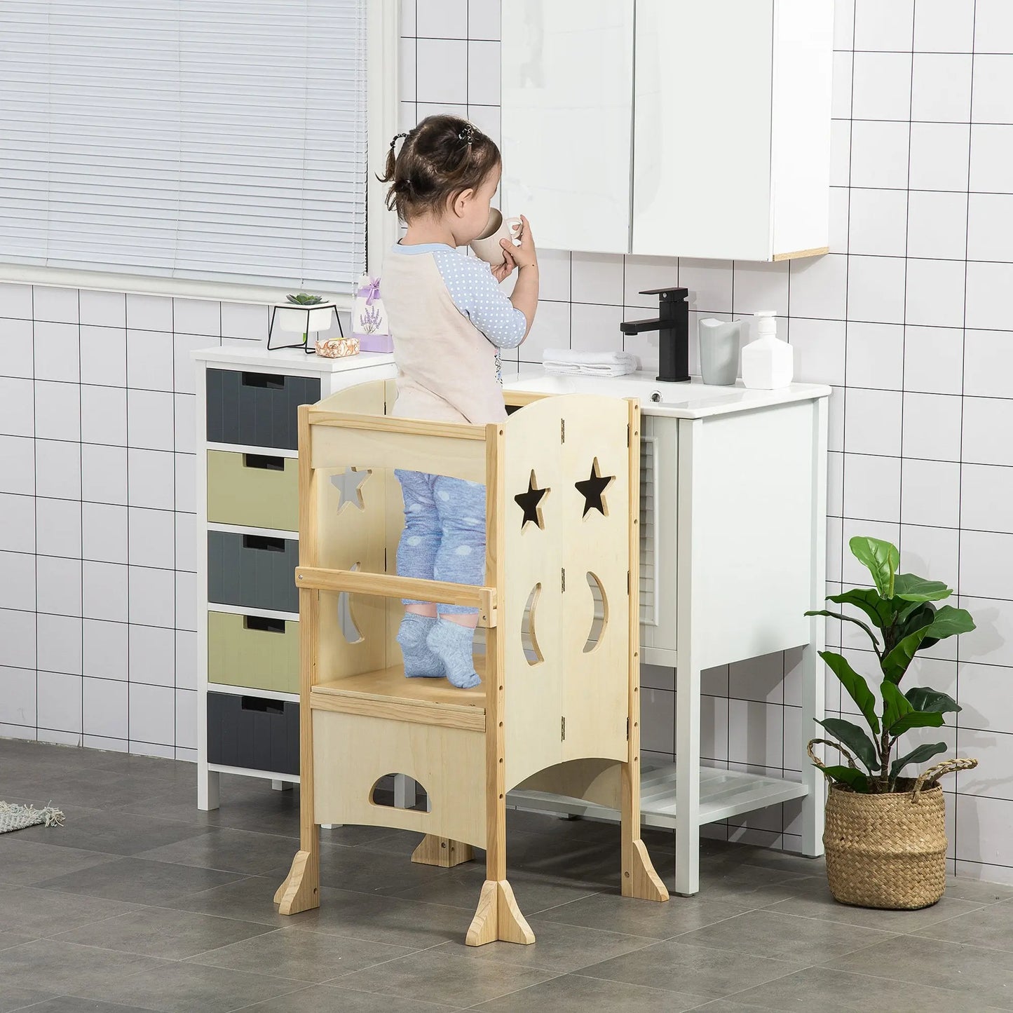 Qaba Kinder-Lernturm „Kitchen Helper“ – Faltbar, Naturholz mit Tafel Taupe Shadow