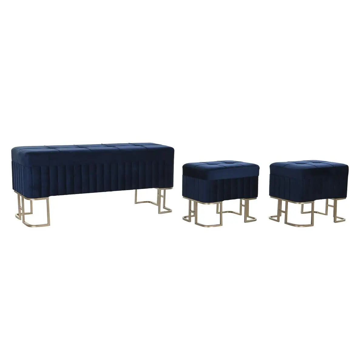 3er-Set Sitzbänke & Hocker „Glamour Blue“ – Samt & Gold, 110 cm Bigbuy