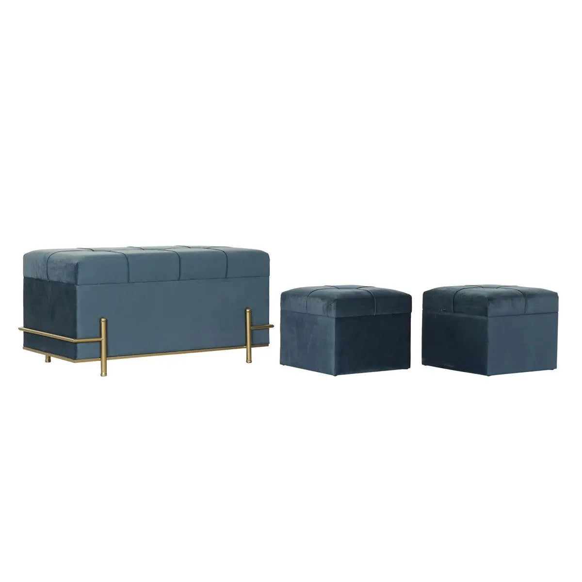 3er-Set Sitzbänke & Hocker „Velvet Blue“ – Samt, Metall, Stauraum Bigbuy