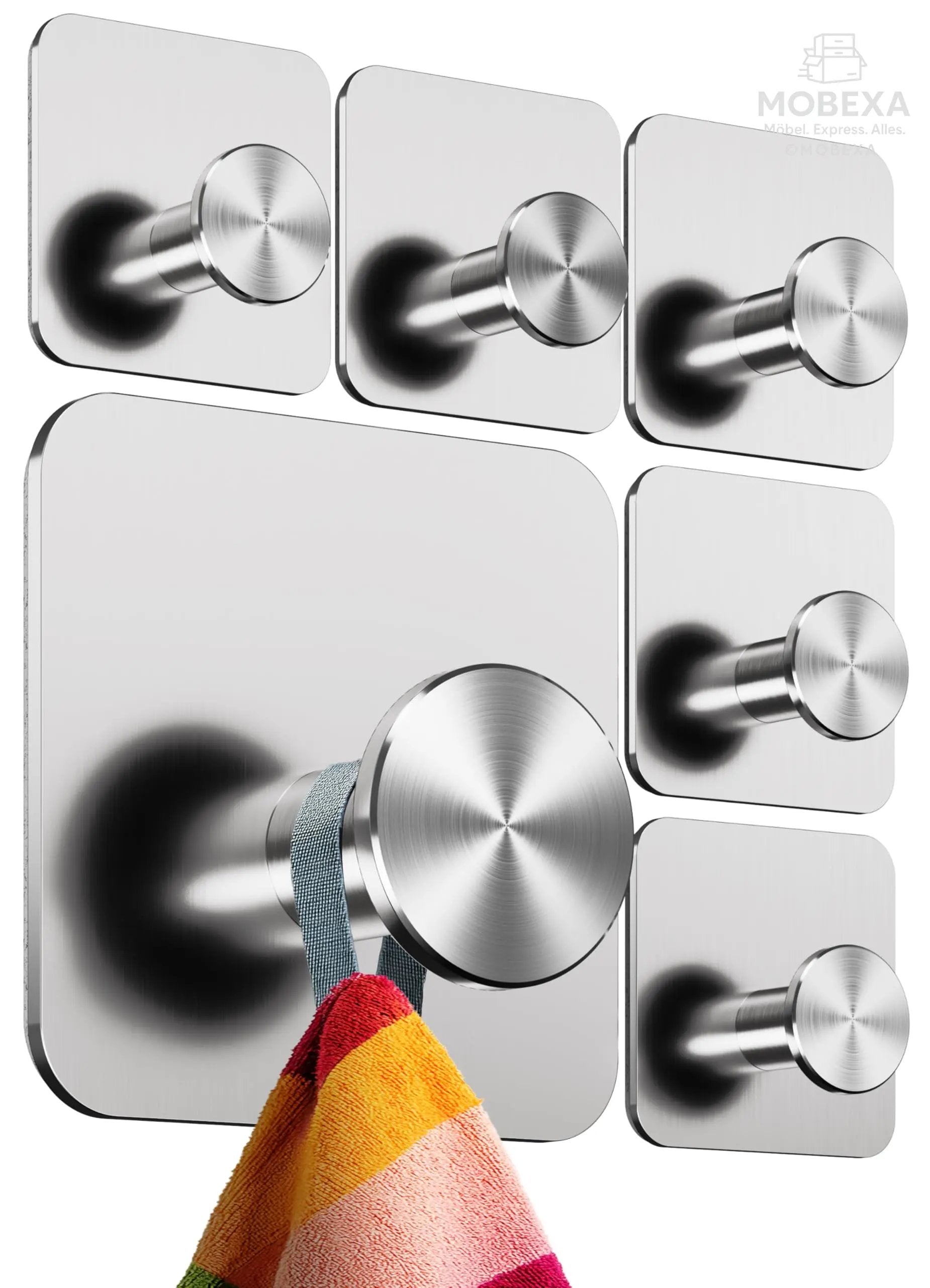 4smile Towel Rail without Drilling, Set of 6, Black - Bathroom Towel Holder Made of Stainless Steel, Functional Adhesive Hooks, High Load Capacity - Waterproof Hooks for Bathroom, Hooks Self-Adhesive MOBEXA