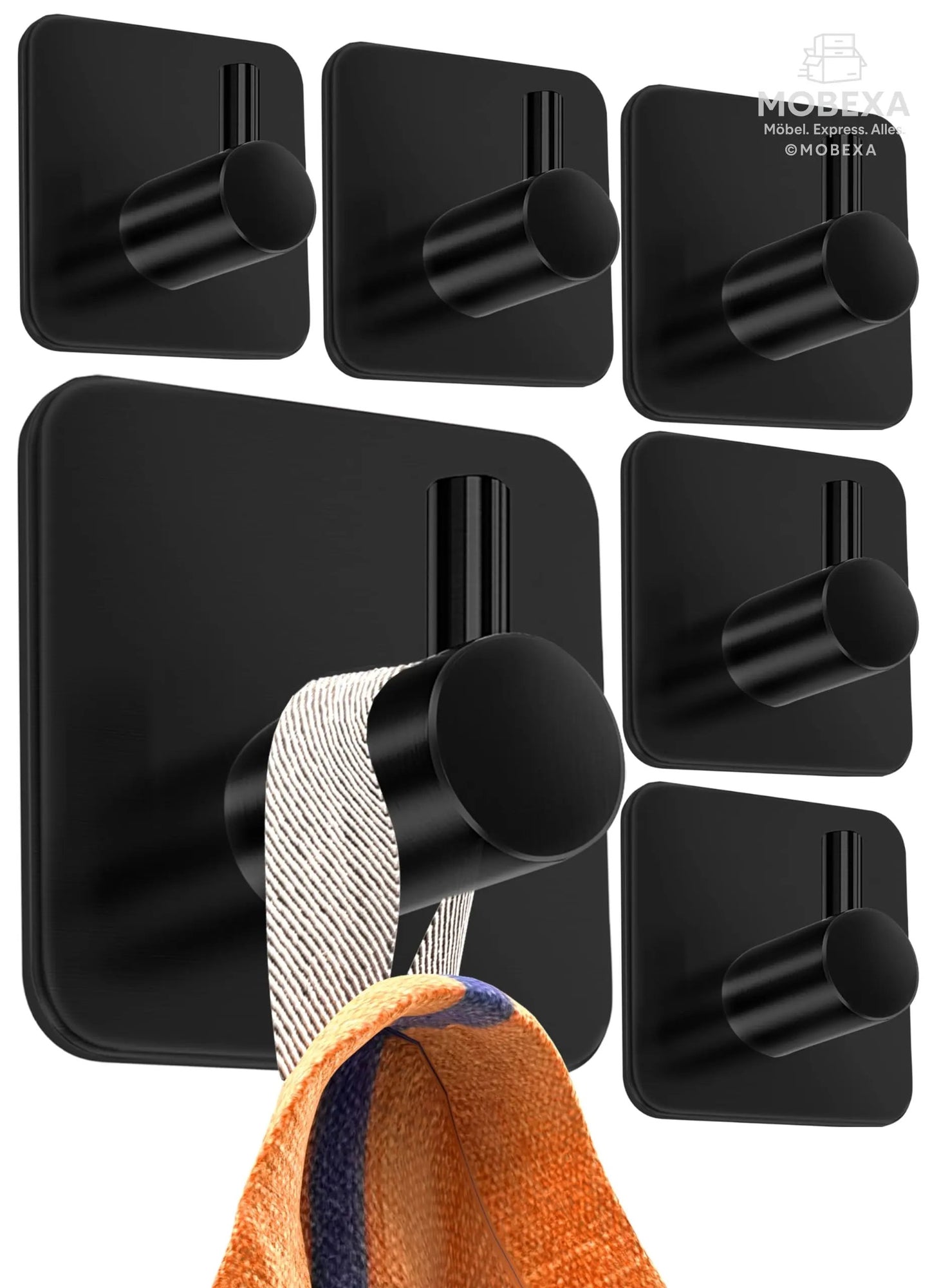 4smile Towel Rail without Drilling, Set of 6, Black - Bathroom Towel Holder Made of Stainless Steel, Functional Adhesive Hooks, High Load Capacity - Waterproof Hooks for Bathroom, Hooks Self-Adhesive MOBEXA