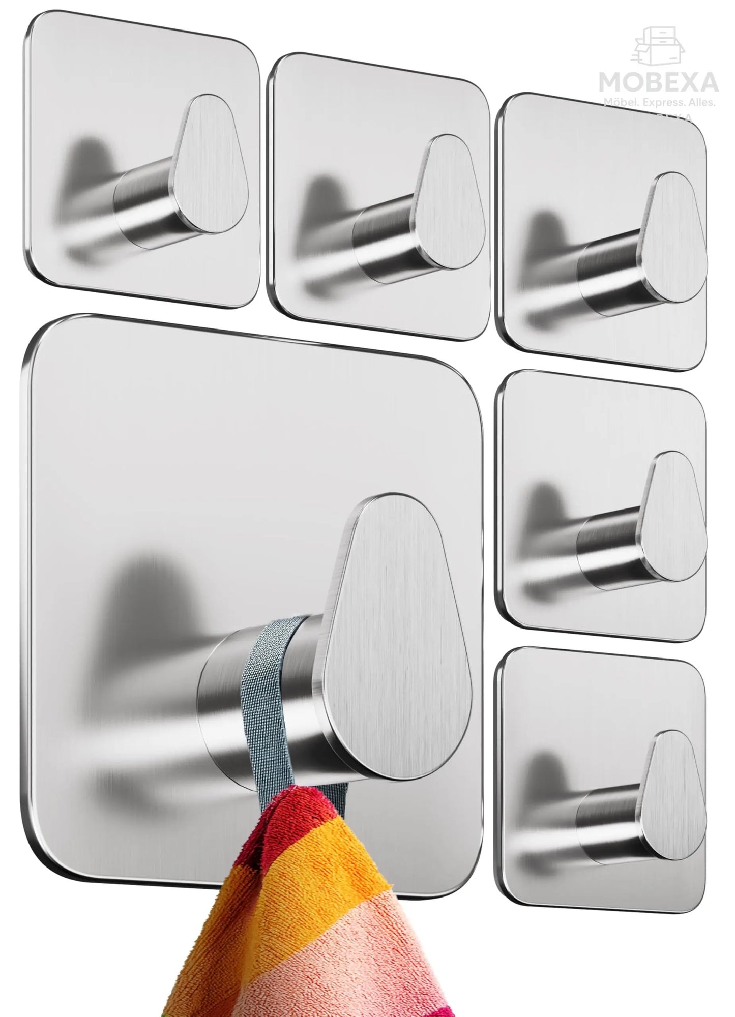 4smile Towel Rail without Drilling, Set of 6, Black - Bathroom Towel Holder Made of Stainless Steel, Functional Adhesive Hooks, High Load Capacity - Waterproof Hooks for Bathroom, Hooks Self-Adhesive MOBEXA