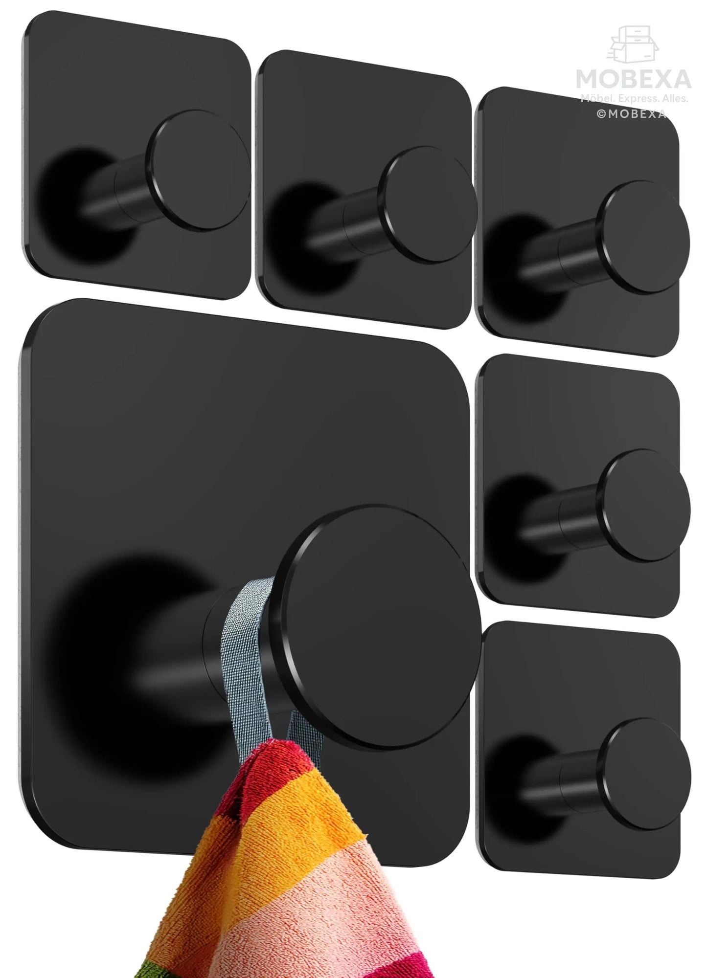 4smile Towel Rail without Drilling, Set of 6, Black - Bathroom Towel Holder Made of Stainless Steel, Functional Adhesive Hooks, High Load Capacity - Waterproof Hooks for Bathroom, Hooks Self-Adhesive MOBEXA
