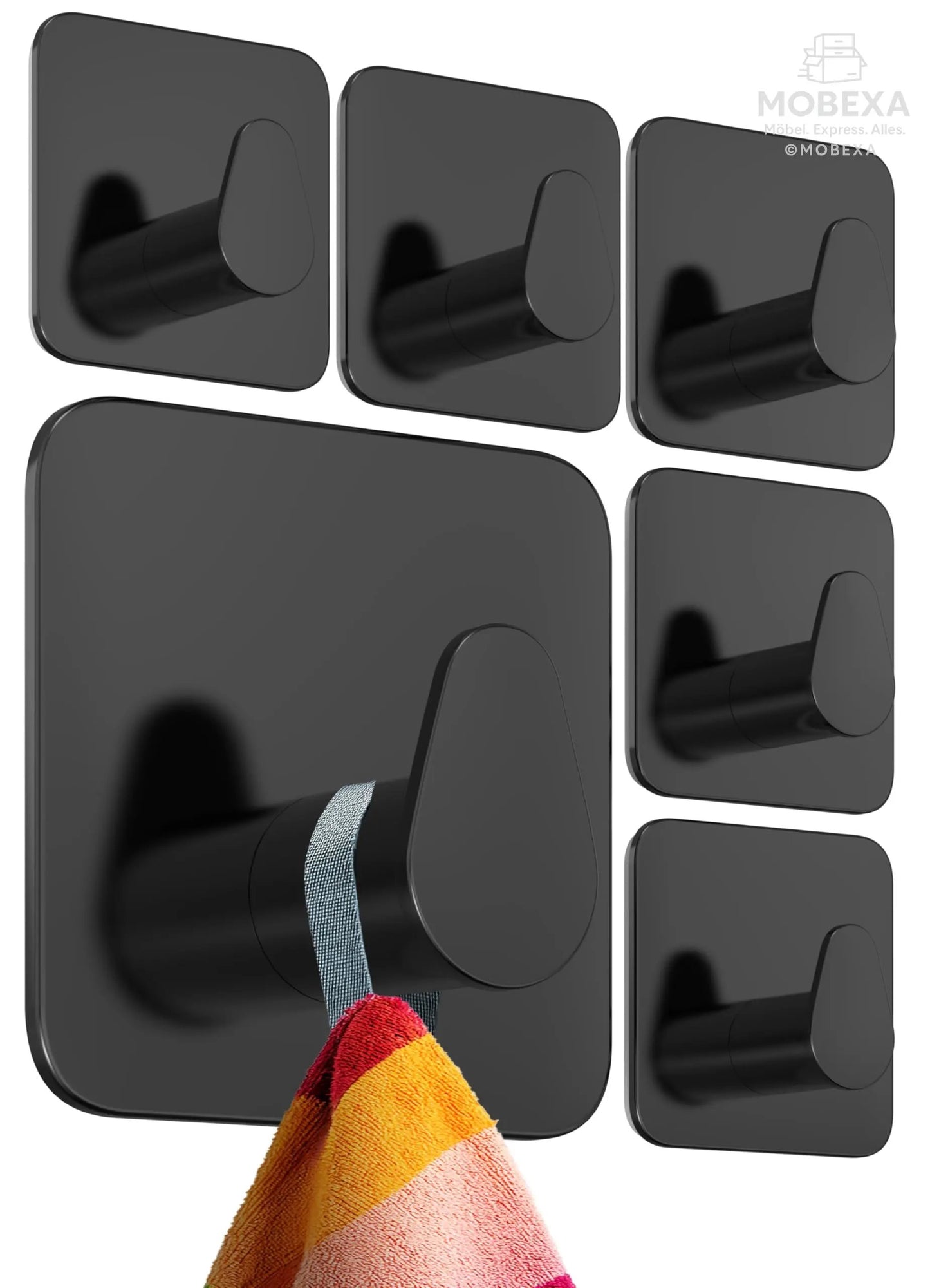 4smile Towel Rail without Drilling, Set of 6, Black - Bathroom Towel Holder Made of Stainless Steel, Functional Adhesive Hooks, High Load Capacity - Waterproof Hooks for Bathroom, Hooks Self-Adhesive MOBEXA