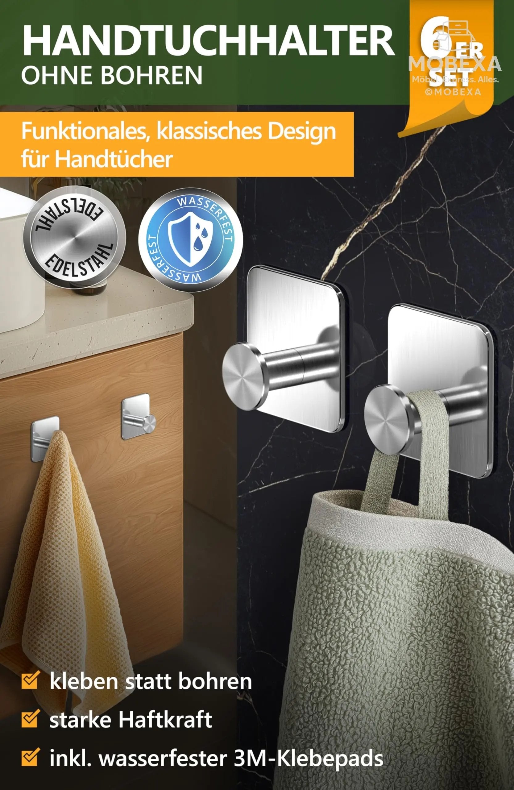 4smile Towel Rail without Drilling, Set of 6, Black - Bathroom Towel Holder Made of Stainless Steel, Functional Adhesive Hooks, High Load Capacity - Waterproof Hooks for Bathroom, Hooks Self-Adhesive MOBEXA