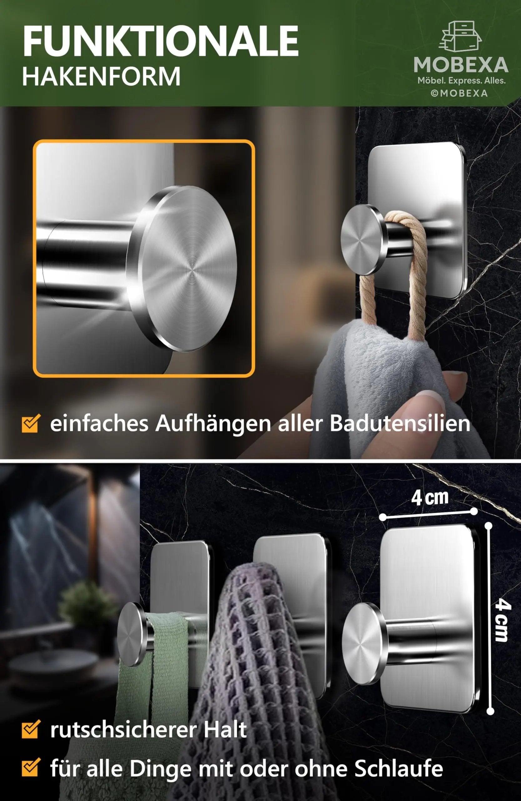 4smile Towel Rail without Drilling, Set of 6, Black - Bathroom Towel Holder Made of Stainless Steel, Functional Adhesive Hooks, High Load Capacity - Waterproof Hooks for Bathroom, Hooks Self-Adhesive MOBEXA