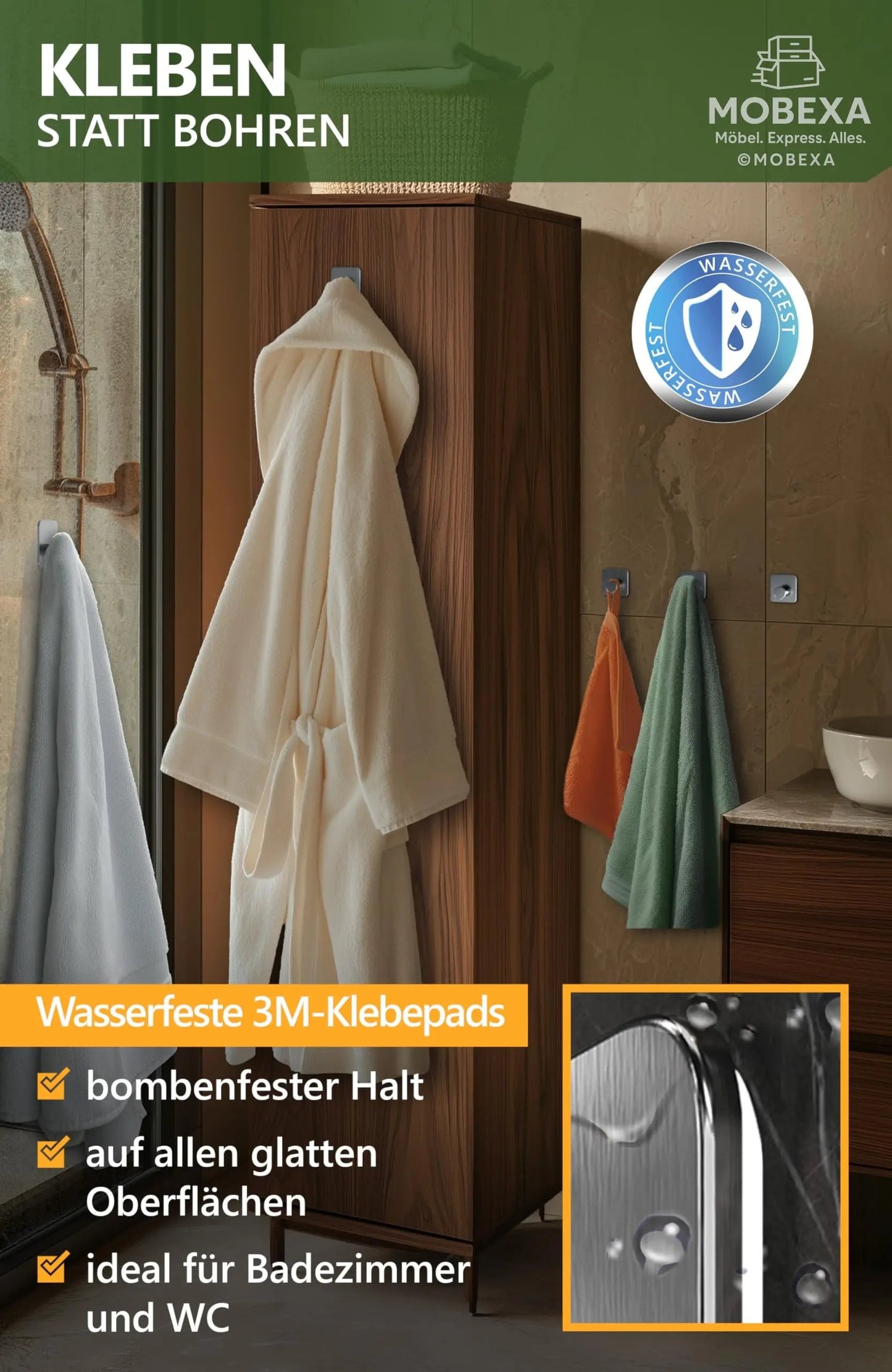 4smile Towel Rail without Drilling, Set of 6, Black - Bathroom Towel Holder Made of Stainless Steel, Functional Adhesive Hooks, High Load Capacity - Waterproof Hooks for Bathroom, Hooks Self-Adhesive MOBEXA