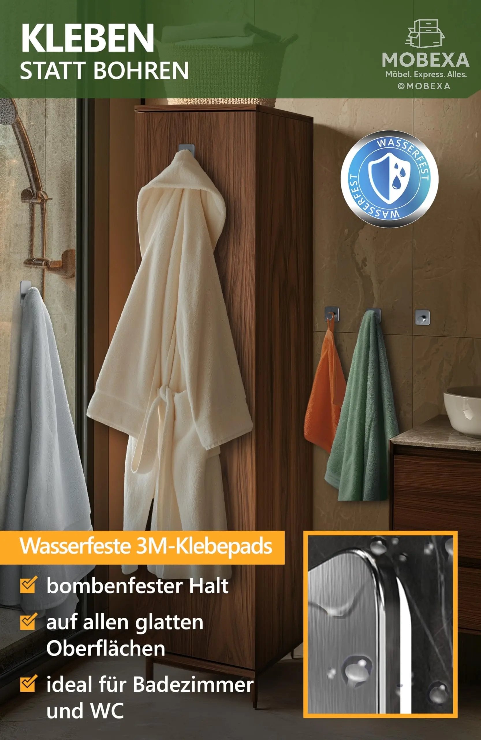 4smile Towel Rail without Drilling, Set of 6, Black - Bathroom Towel Holder Made of Stainless Steel, Functional Adhesive Hooks, High Load Capacity - Waterproof Hooks for Bathroom, Hooks Self-Adhesive MOBEXA