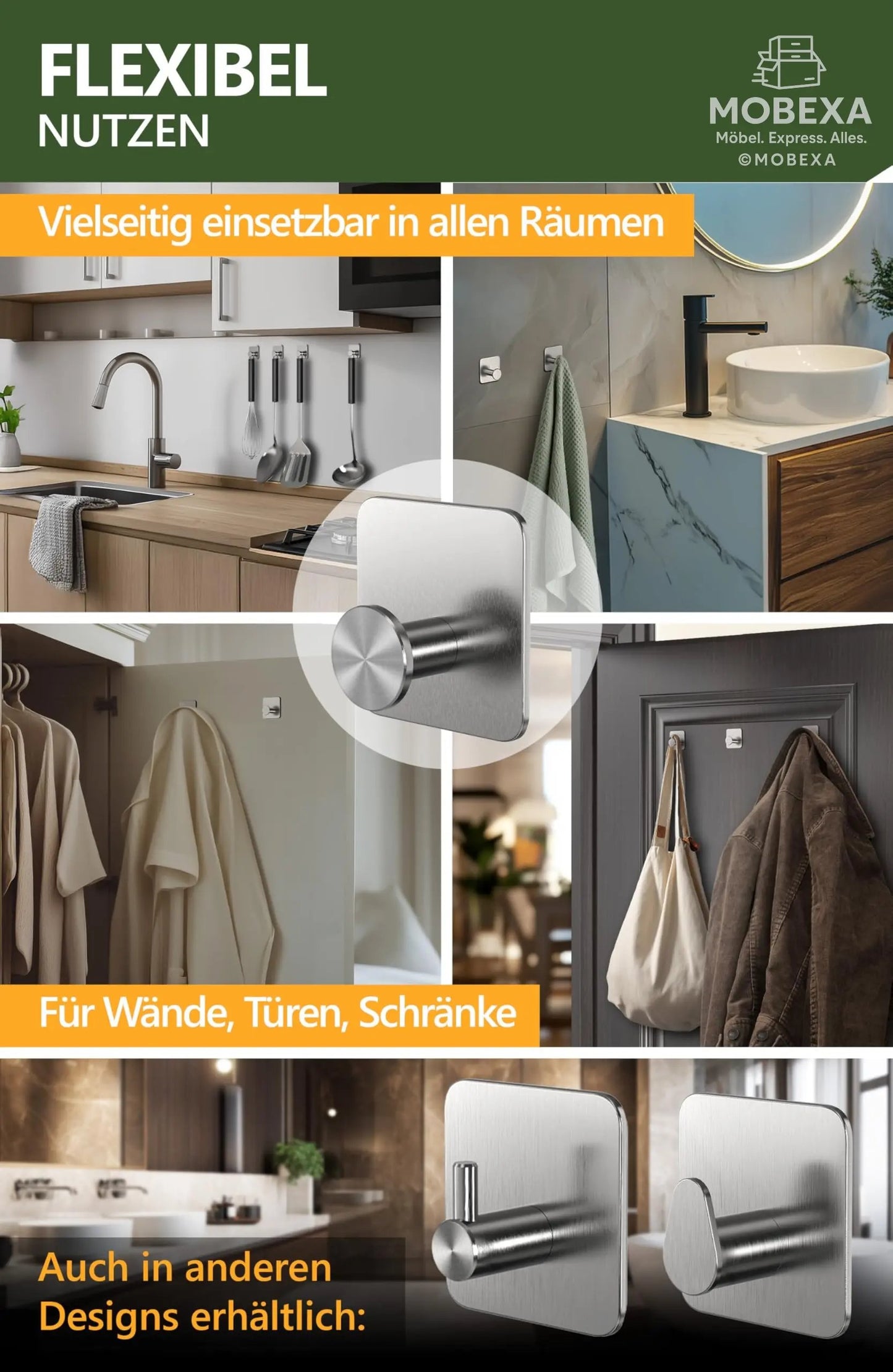 4smile Towel Rail without Drilling, Set of 6, Black - Bathroom Towel Holder Made of Stainless Steel, Functional Adhesive Hooks, High Load Capacity - Waterproof Hooks for Bathroom, Hooks Self-Adhesive MOBEXA