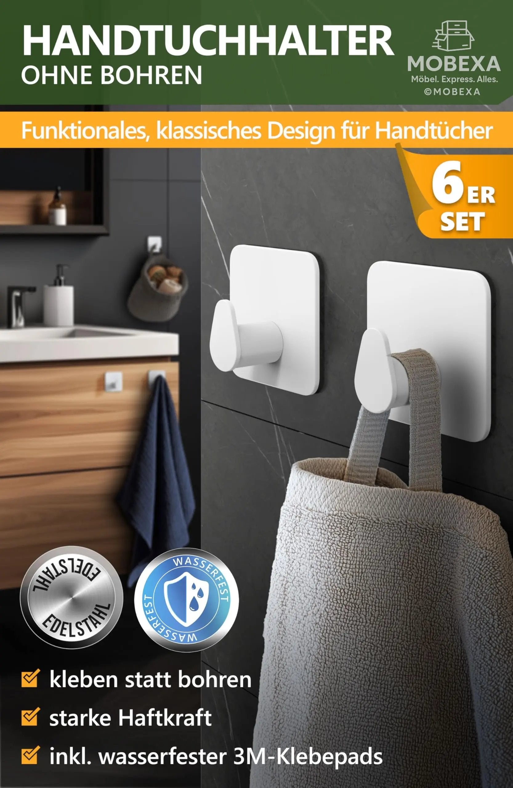 4smile Towel Rail without Drilling, Set of 6, Black - Bathroom Towel Holder Made of Stainless Steel, Functional Adhesive Hooks, High Load Capacity - Waterproof Hooks for Bathroom, Hooks Self-Adhesive MOBEXA