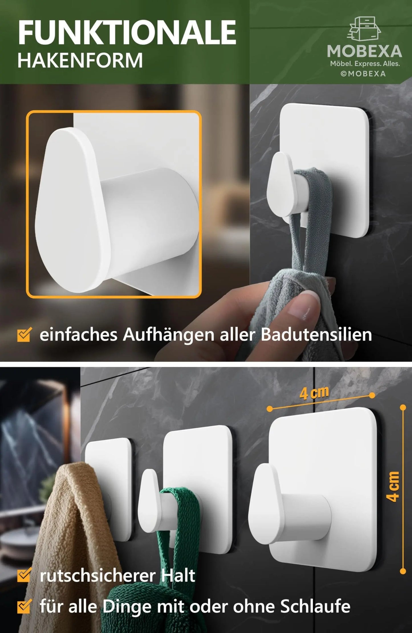 4smile Towel Rail without Drilling, Set of 6, Black - Bathroom Towel Holder Made of Stainless Steel, Functional Adhesive Hooks, High Load Capacity - Waterproof Hooks for Bathroom, Hooks Self-Adhesive MOBEXA