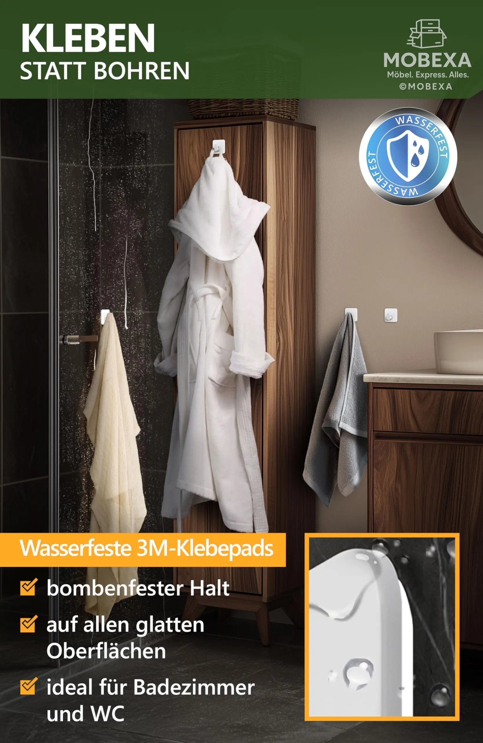 4smile Towel Rail without Drilling, Set of 6, Black - Bathroom Towel Holder Made of Stainless Steel, Functional Adhesive Hooks, High Load Capacity - Waterproof Hooks for Bathroom, Hooks Self-Adhesive MOBEXA