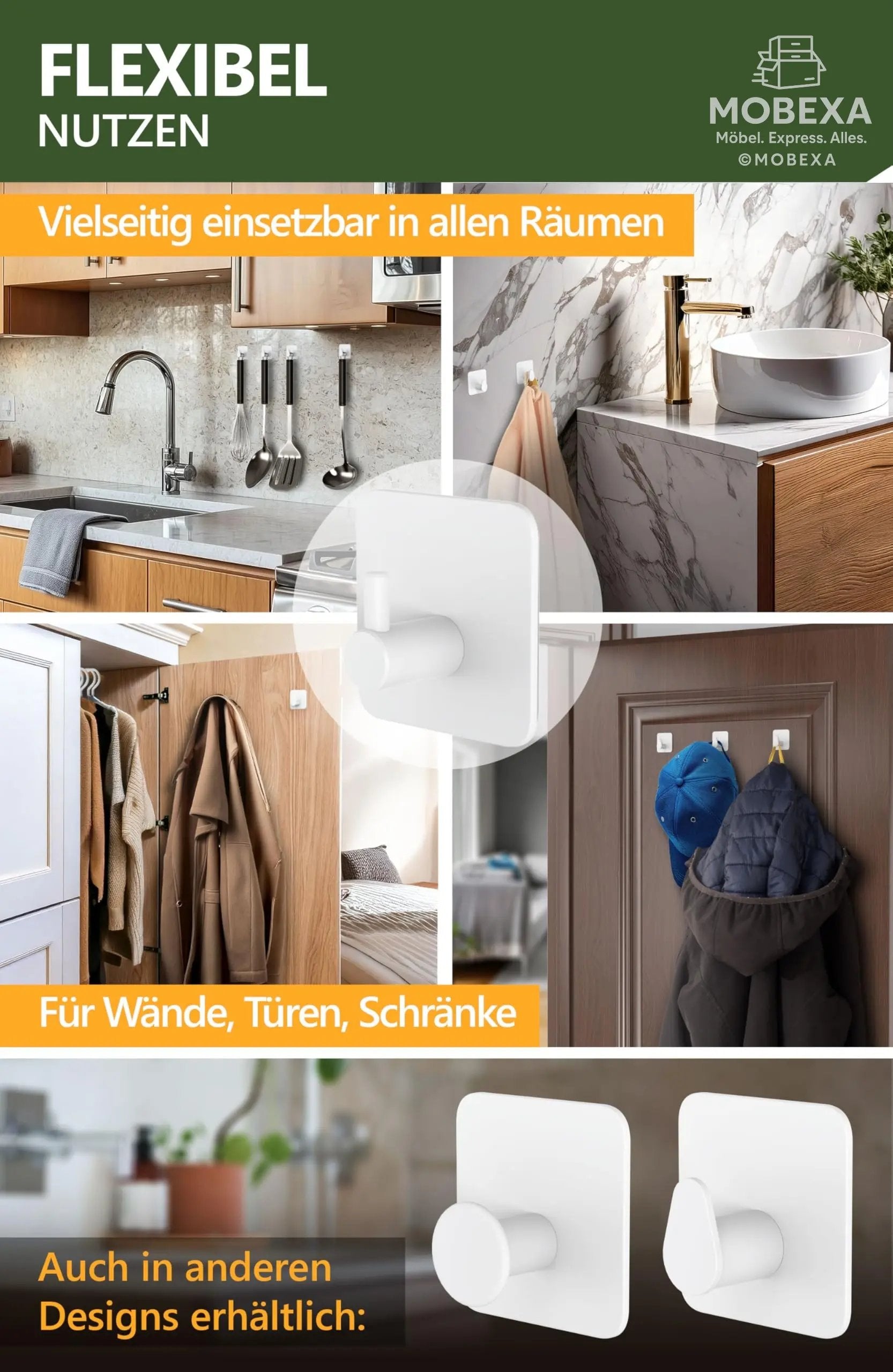 4smile Towel Rail without Drilling, Set of 6, Black - Bathroom Towel Holder Made of Stainless Steel, Functional Adhesive Hooks, High Load Capacity - Waterproof Hooks for Bathroom, Hooks Self-Adhesive MOBEXA