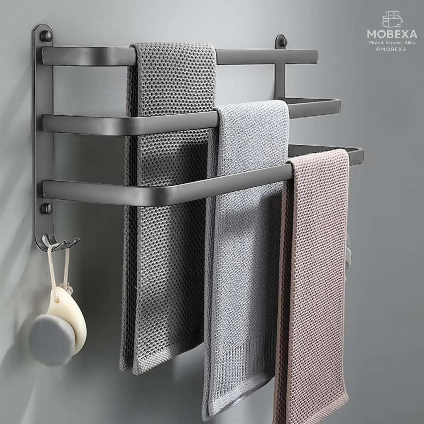 60 cm Towel Rail No Drilling Required Black Towel Holder Bathroom Towel Holder Wall Bathroom Accessory Set, Towel Holder Kitchen Towel Rail No Drilling MOBEXA