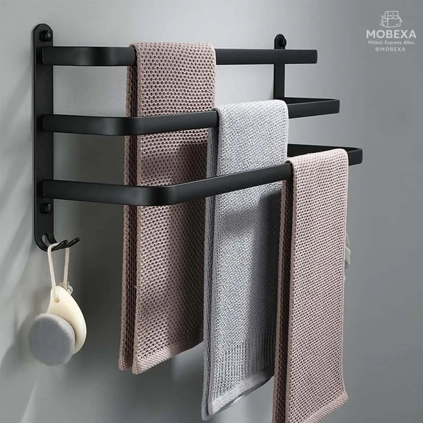 60 cm Towel Rail No Drilling Required Black Towel Holder Bathroom Towel Holder Wall Bathroom Accessory Set, Towel Holder Kitchen Towel Rail No Drilling MOBEXA