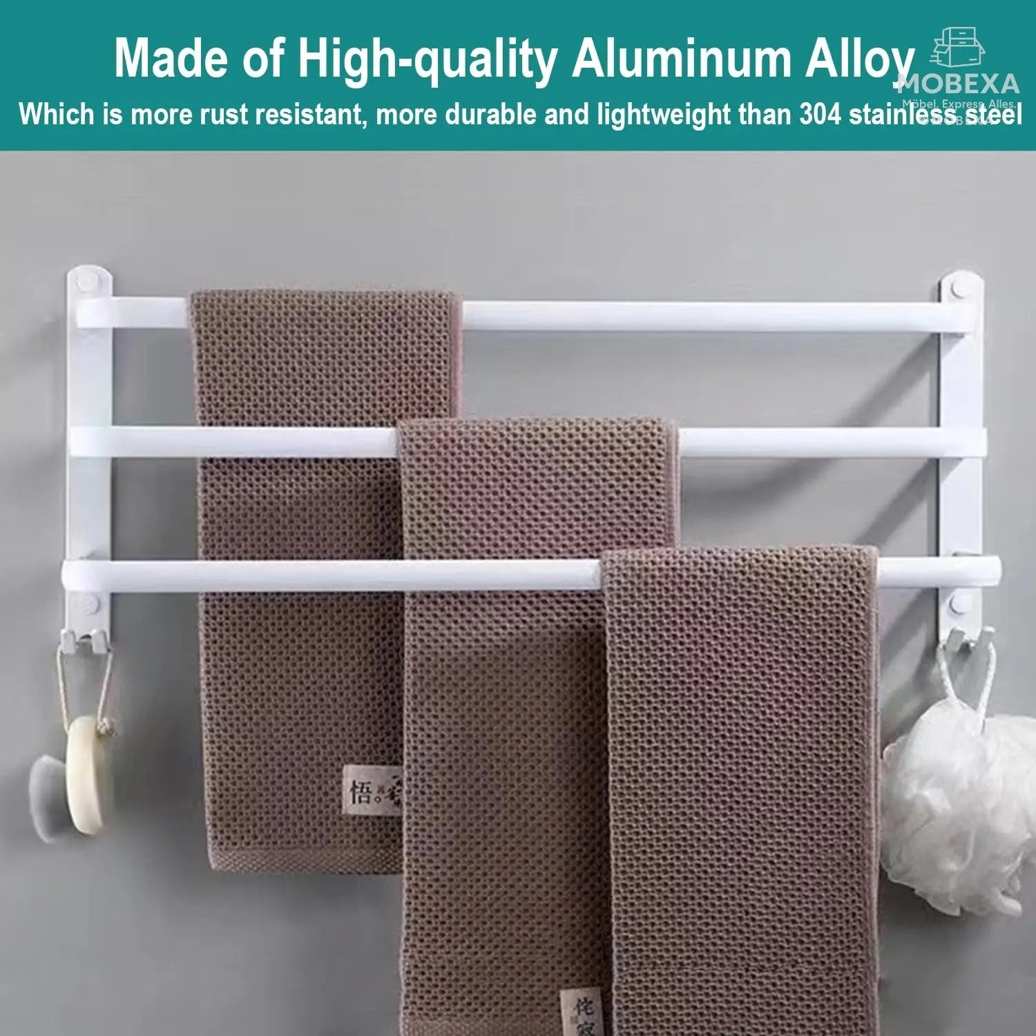 60 cm Towel Rail No Drilling Required Black Towel Holder Bathroom Towel Holder Wall Bathroom Accessory Set, Towel Holder Kitchen Towel Rail No Drilling MOBEXA