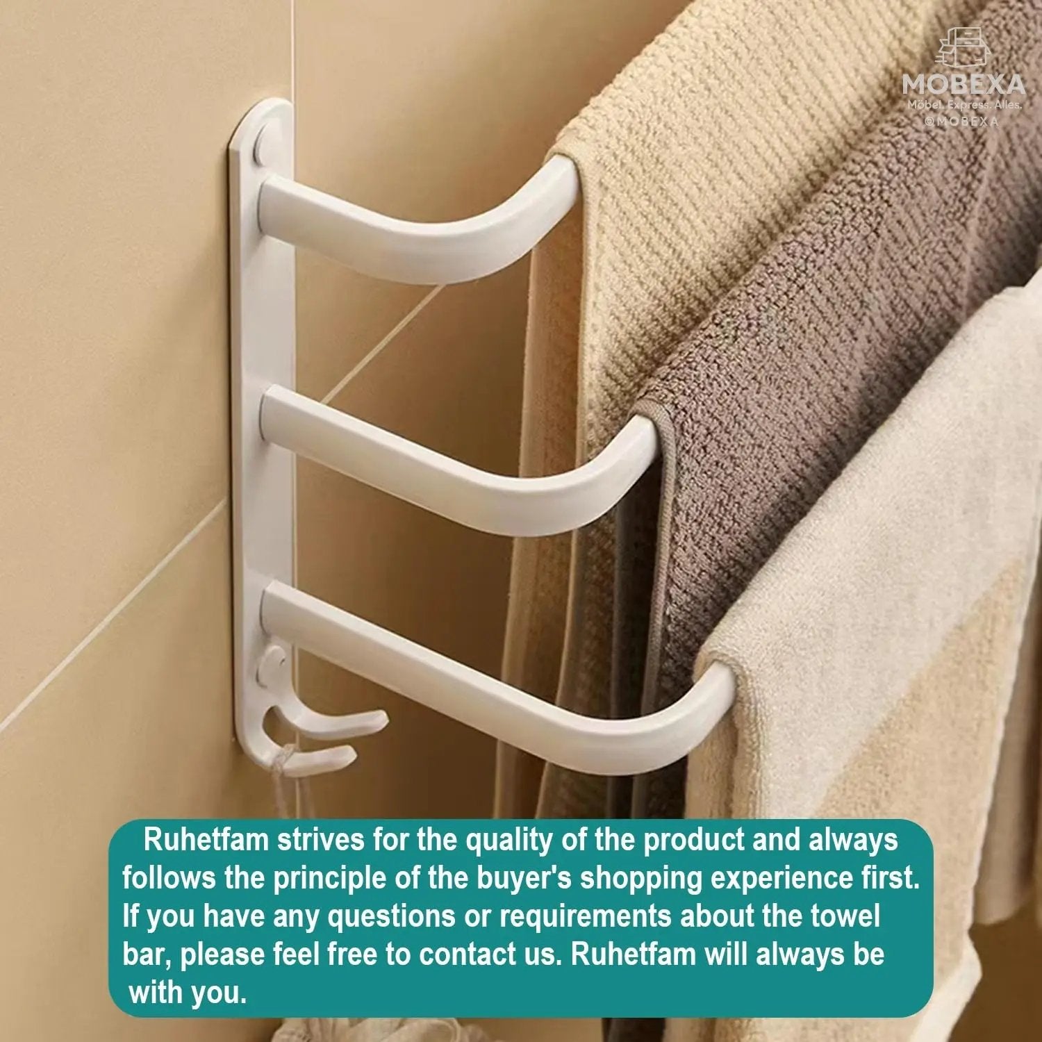 60 cm Towel Rail No Drilling Required Black Towel Holder Bathroom Towel Holder Wall Bathroom Accessory Set, Towel Holder Kitchen Towel Rail No Drilling MOBEXA