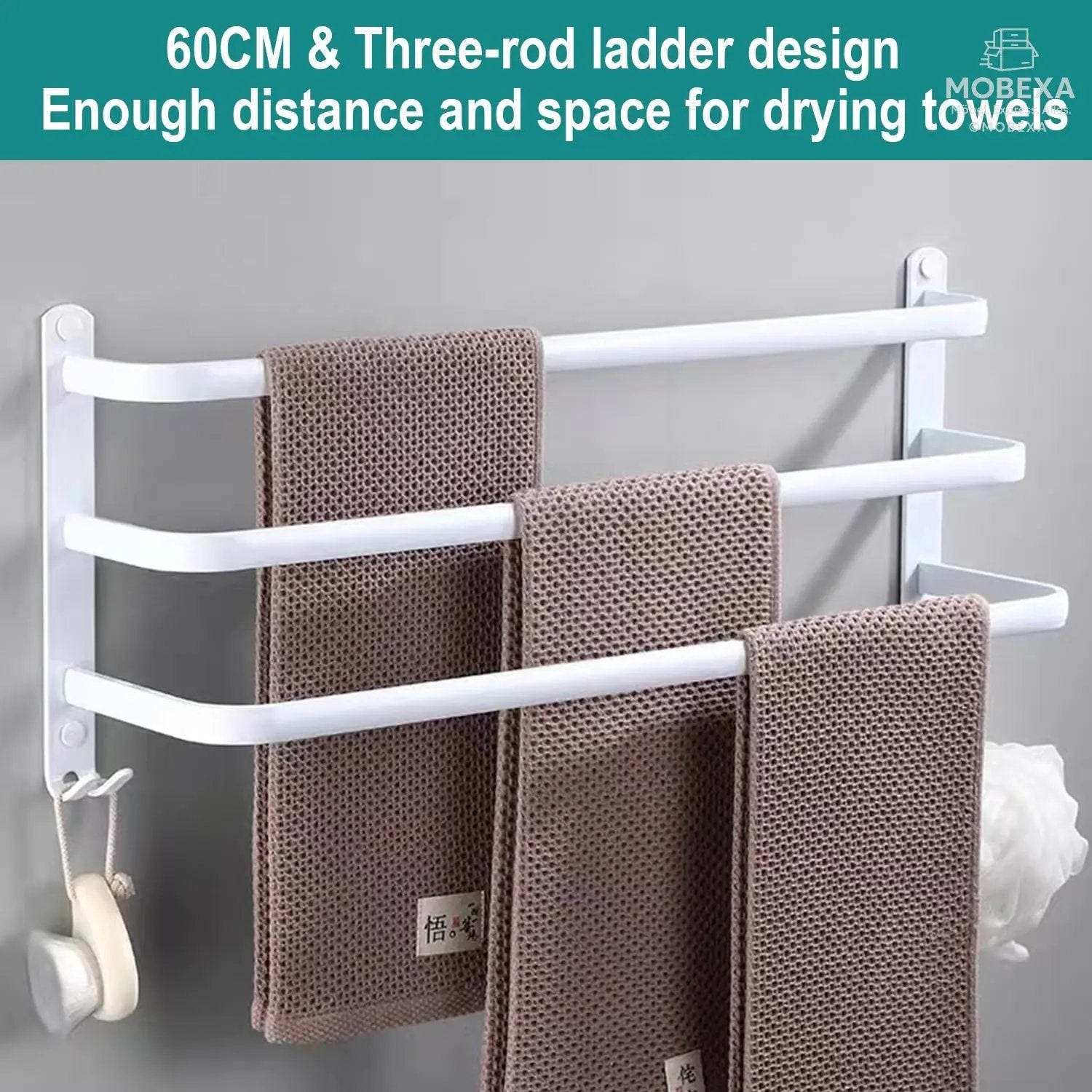 60 cm Towel Rail No Drilling Required Black Towel Holder Bathroom Towel Holder Wall Bathroom Accessory Set, Towel Holder Kitchen Towel Rail No Drilling MOBEXA