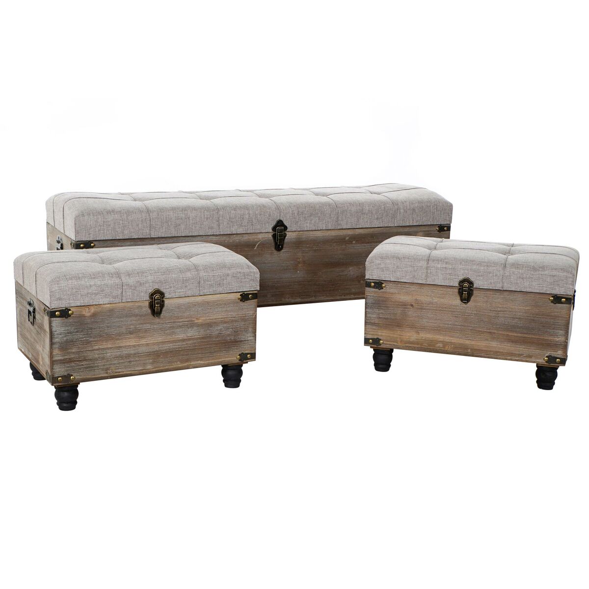 3er-Set Truhenbänke „Vintage Loft“ – Holz & Stoff, Stauraum, 120 cm
