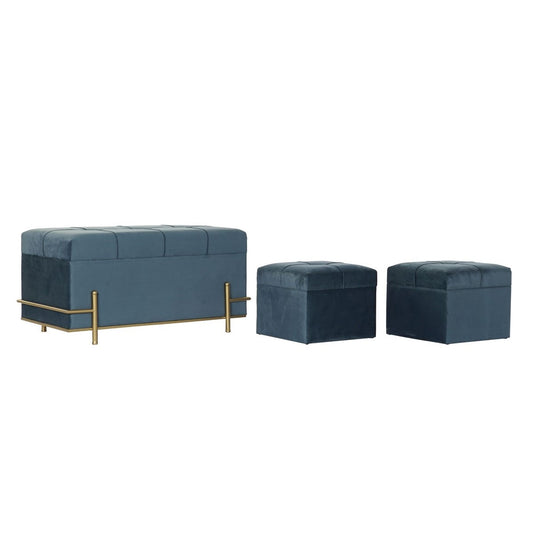 3er-Set Sitzbänke & Hocker „Velvet Blue“ – Samt, Metall, Stauraum