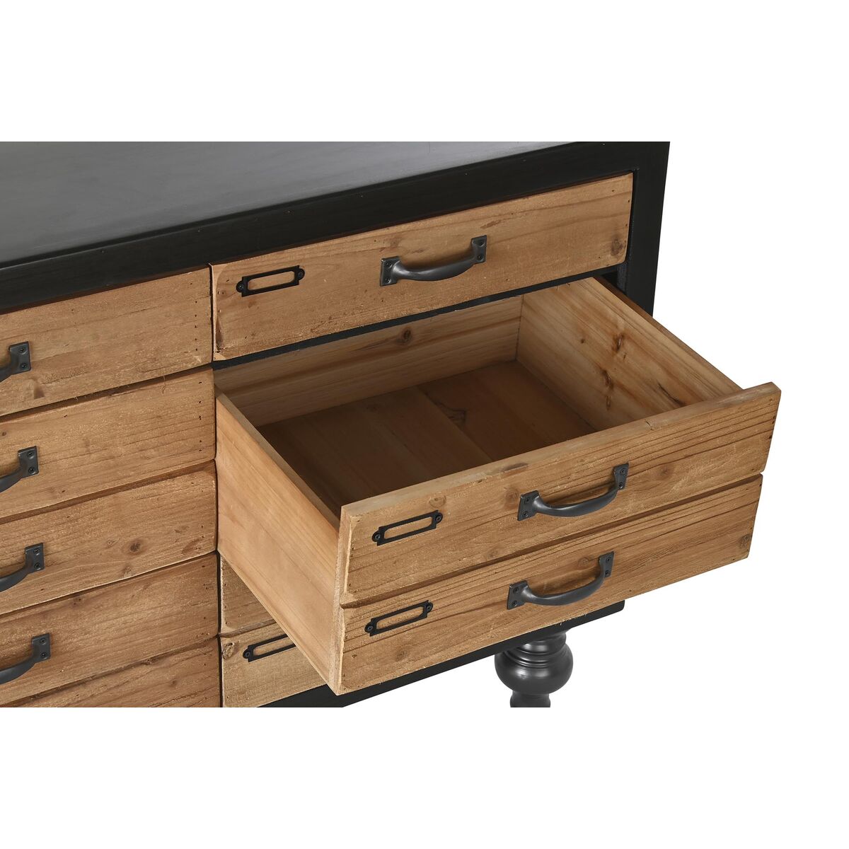 Vintage-Sideboard aus Tannenholz – Schwarz/Natur, 9 Schubladen
