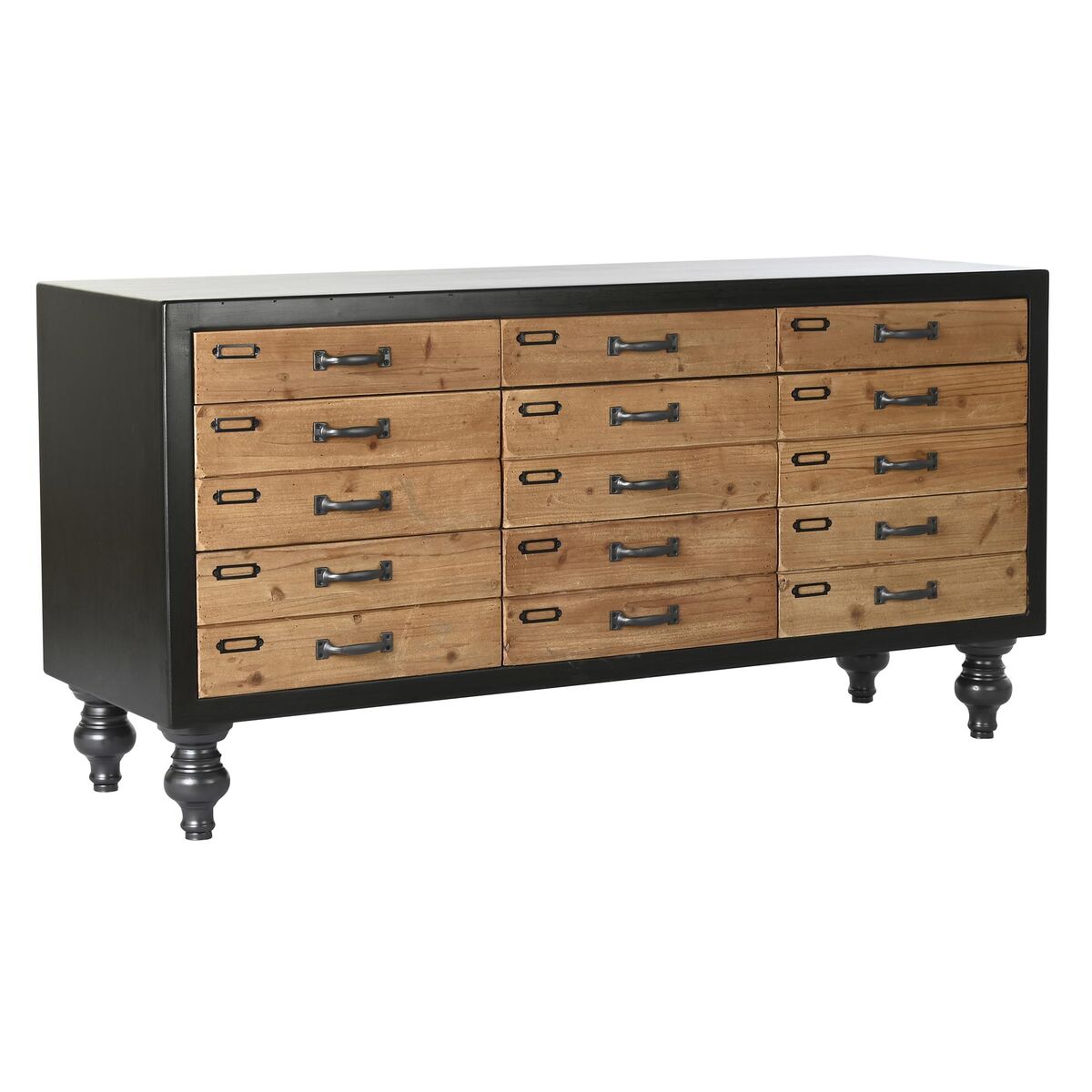 Vintage-Sideboard aus Tannenholz – Schwarz/Natur, 9 Schubladen