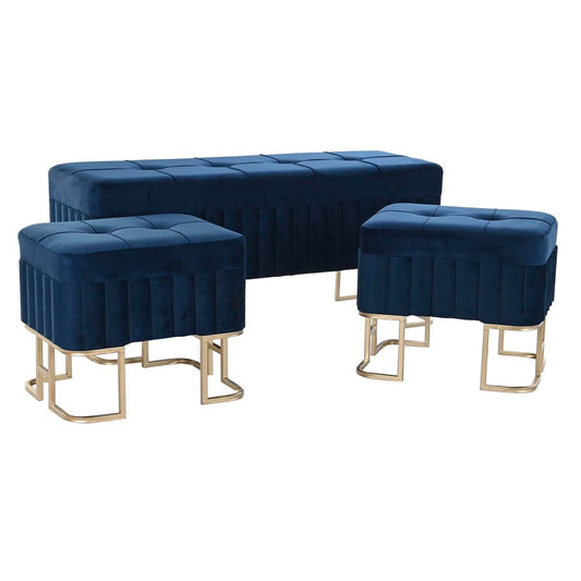 3er-Set Sitzbänke & Hocker „Glamour Blue“ – Samt & Gold, 110 cm
