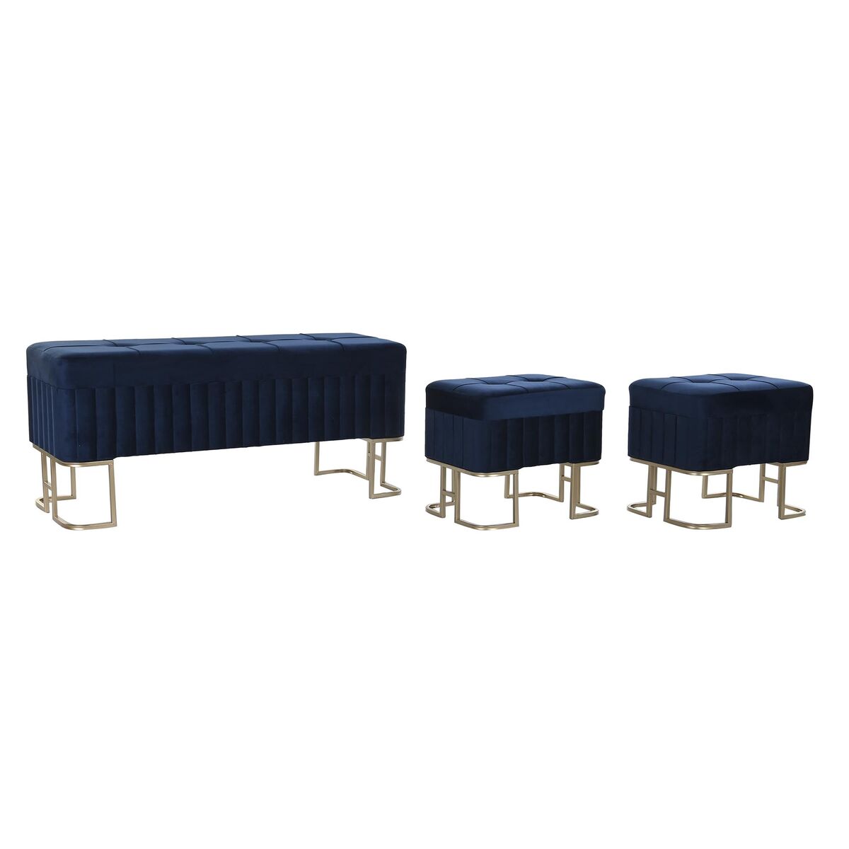 3er-Set Sitzbänke & Hocker „Glamour Blue“ – Samt & Gold, 110 cm