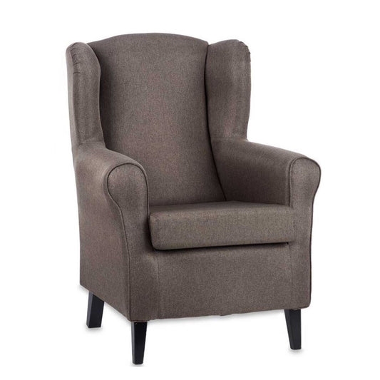 Sessel Sade – Klassischer Ohrensessel in Braun, Polyester & Pinienholz