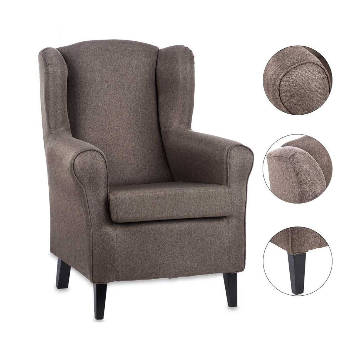 Sessel Sade – Klassischer Ohrensessel in Braun, Polyester & Pinienholz
