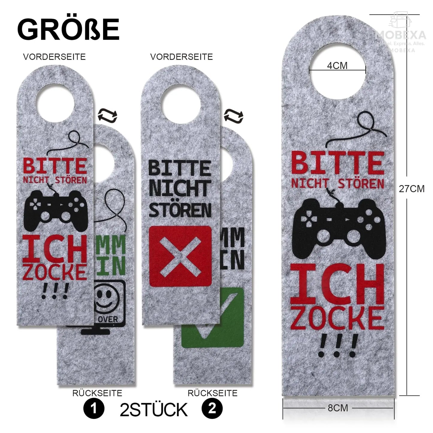 Bitte Nicht stören, ich zocke oder komm rein, Pack of 2 Felt Door Pendants, Gamer Gift, Gamer Room Decoration, Gamer Gift, Teenager Boys Gift, Cool Things for Boys (Grey) MOBEXA