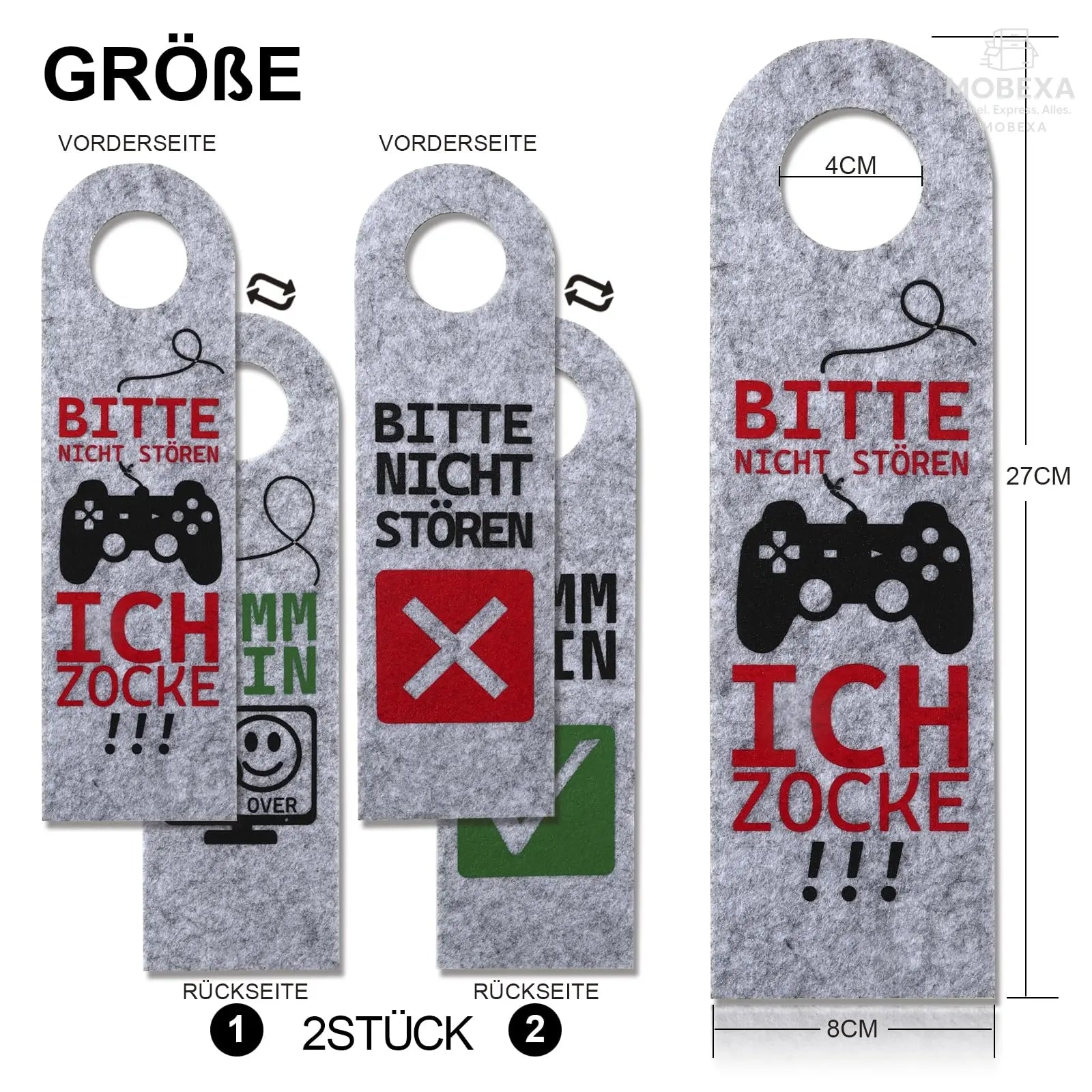 Bitte Nicht stören, ich zocke oder komm rein, Pack of 2 Felt Door Pendants, Gamer Gift, Gamer Room Decoration, Gamer Gift, Teenager Boys Gift, Cool Things for Boys (Grey) MOBEXA