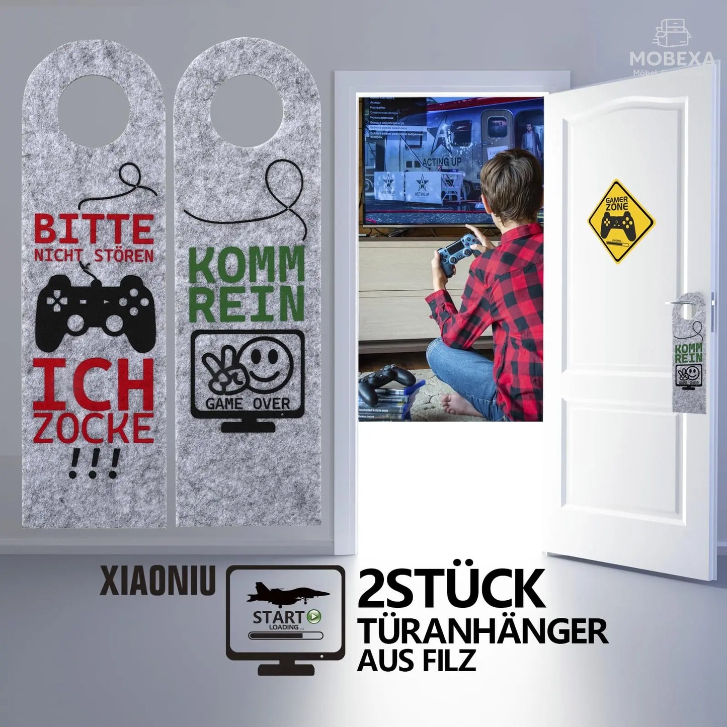 Bitte Nicht stören, ich zocke oder komm rein, Pack of 2 Felt Door Pendants, Gamer Gift, Gamer Room Decoration, Gamer Gift, Teenager Boys Gift, Cool Things for Boys (Grey) MOBEXA