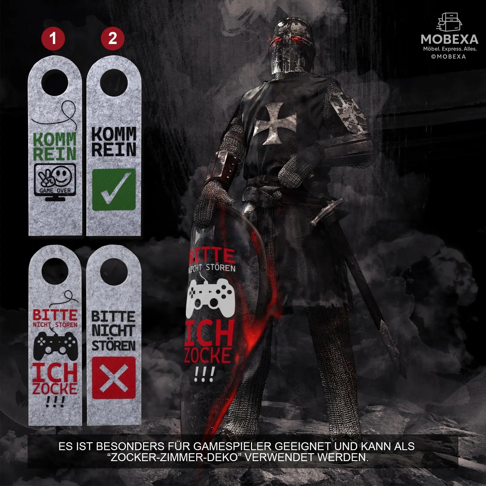 Bitte Nicht stören, ich zocke oder komm rein, Pack of 2 Felt Door Pendants, Gamer Gift, Gamer Room Decoration, Gamer Gift, Teenager Boys Gift, Cool Things for Boys (Grey) MOBEXA