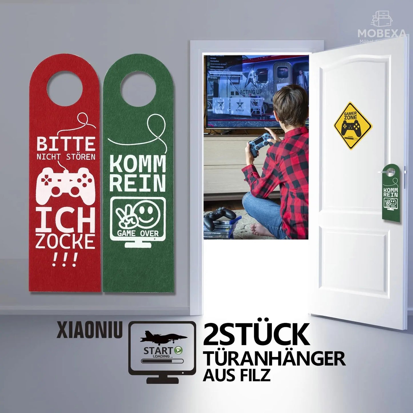 Bitte Nicht stören, ich zocke oder komm rein, Pack of 2 Felt Door Pendants, Gamer Gift, Gamer Room Decoration, Gamer Gift, Teenager Boys Gift, Cool Things for Boys (Grey) MOBEXA