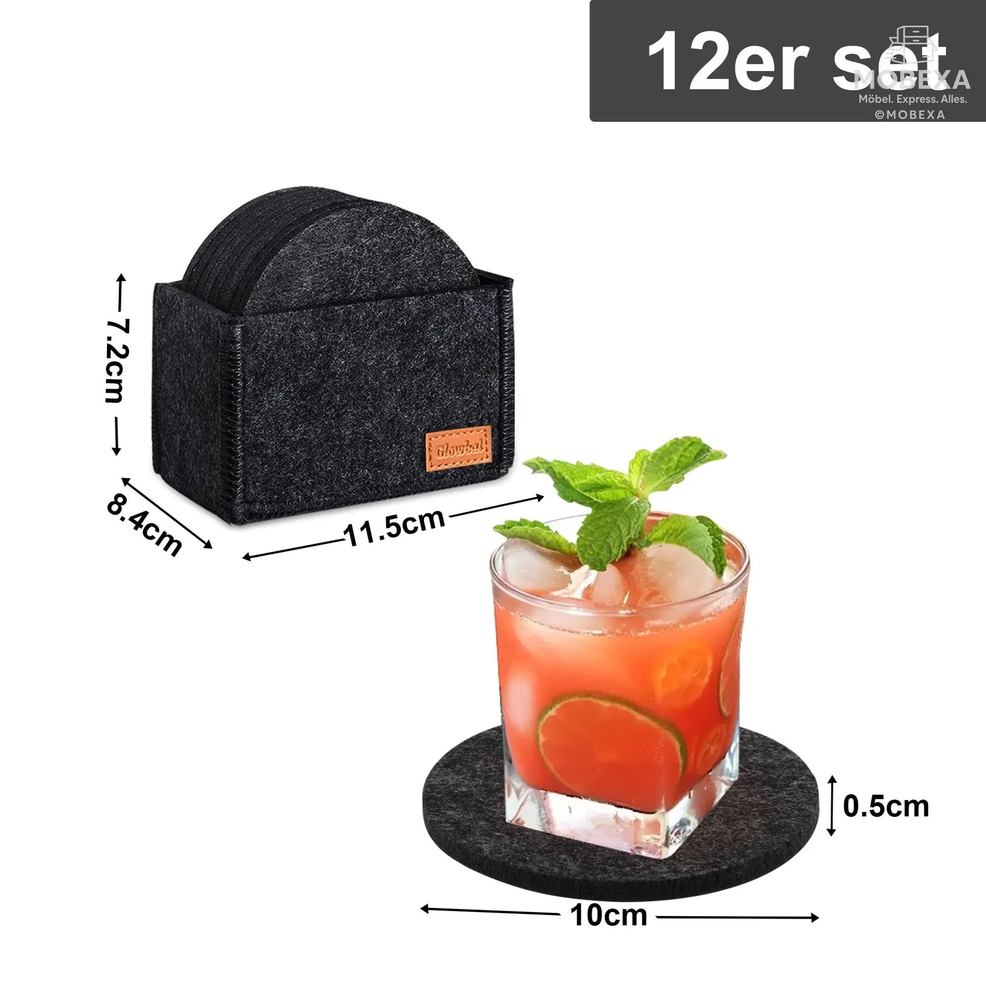 Glowbal Round Felt Coasters Set for Glasses, Designer Glass Coasters in Dark Grey Colour for Drinks, Bar, Cups, Set of 12 MOBEXA