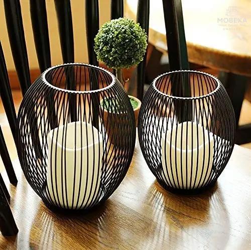 GoMaihe Oval Candle Holder Set of 2, 14 x 15.5 cm and 16 x 18 cm Metal Decorative Candle Holder Creative Vintage Candle Stand for Christmas Wedding Meal, Black, Reusable MOBEXA
