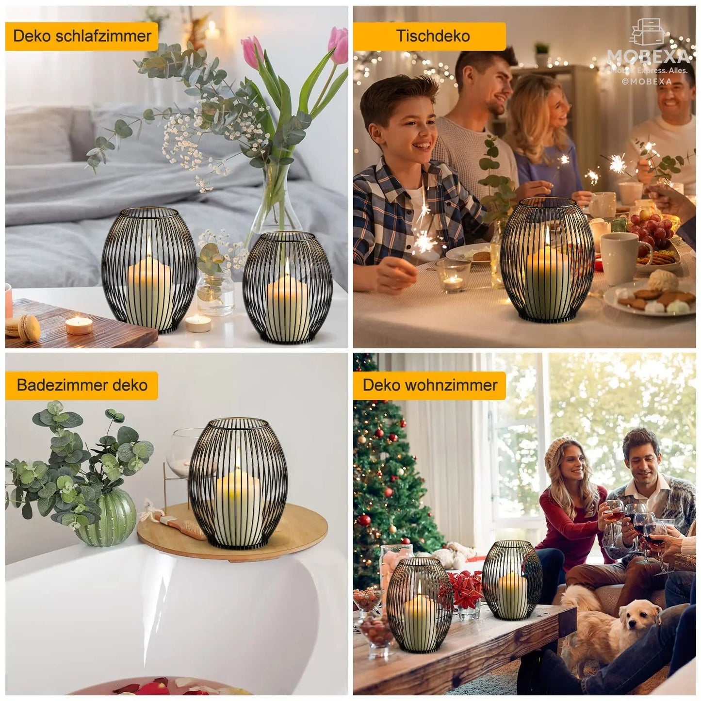 GoMaihe Oval Candle Holder Set of 2, 14 x 15.5 cm and 16 x 18 cm Metal Decorative Candle Holder Creative Vintage Candle Stand for Christmas Wedding Meal, Black, Reusable MOBEXA