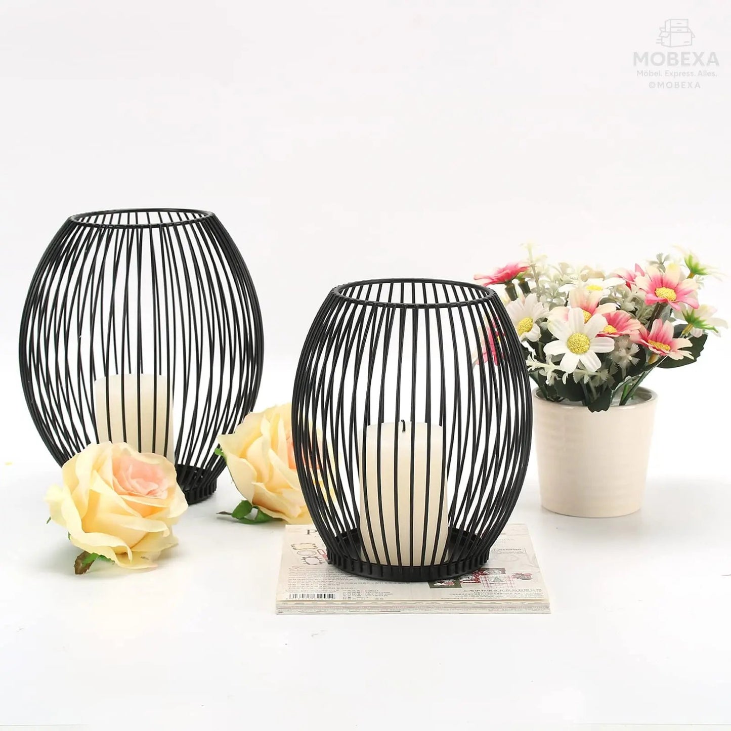 GoMaihe Oval Candle Holder Set of 2, 14 x 15.5 cm and 16 x 18 cm Metal Decorative Candle Holder Creative Vintage Candle Stand for Christmas Wedding Meal, Black, Reusable MOBEXA