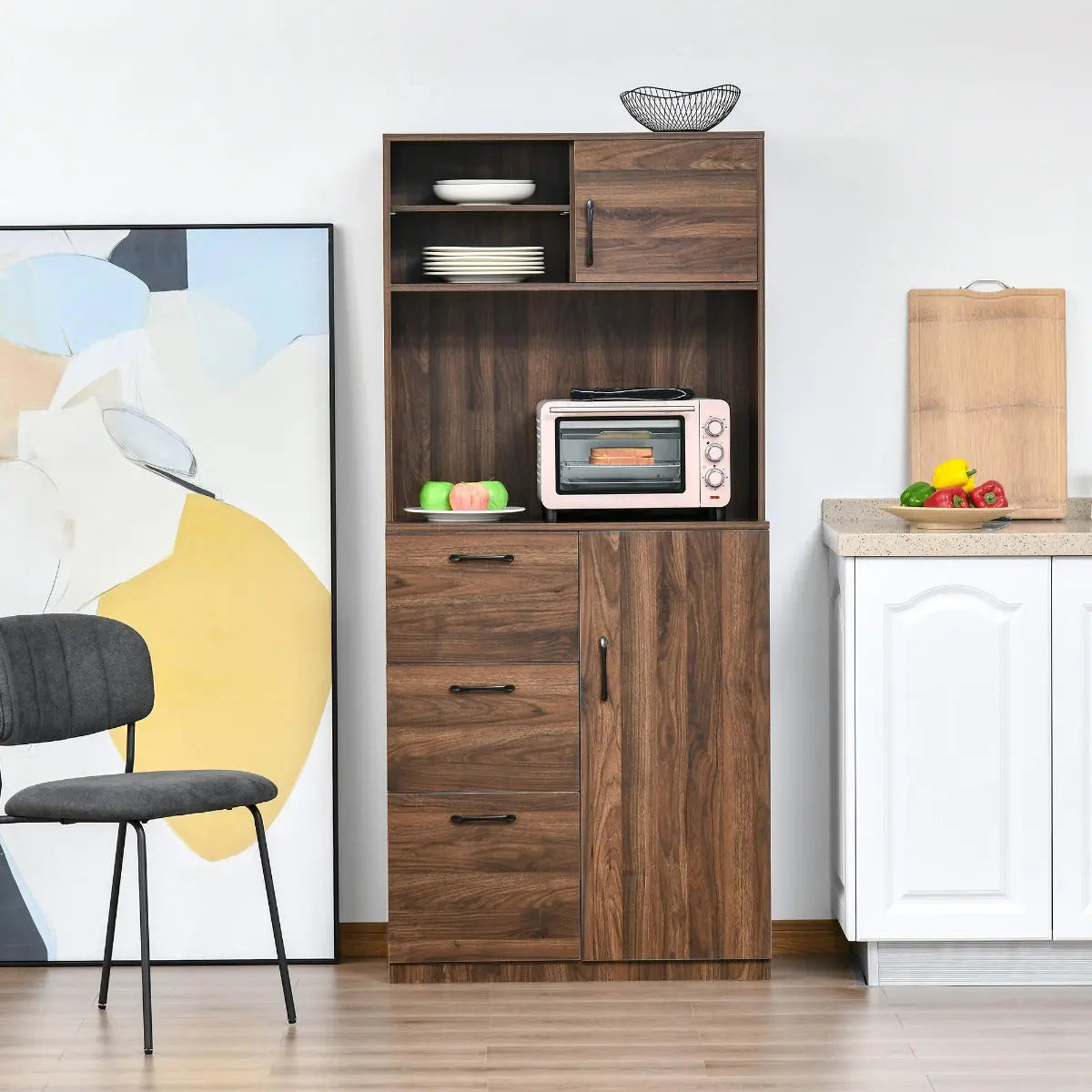 HOMCOM Küchen-Buffet & Vorratsschrank – Walnuss, mit Schiebetür Taupe Shadow