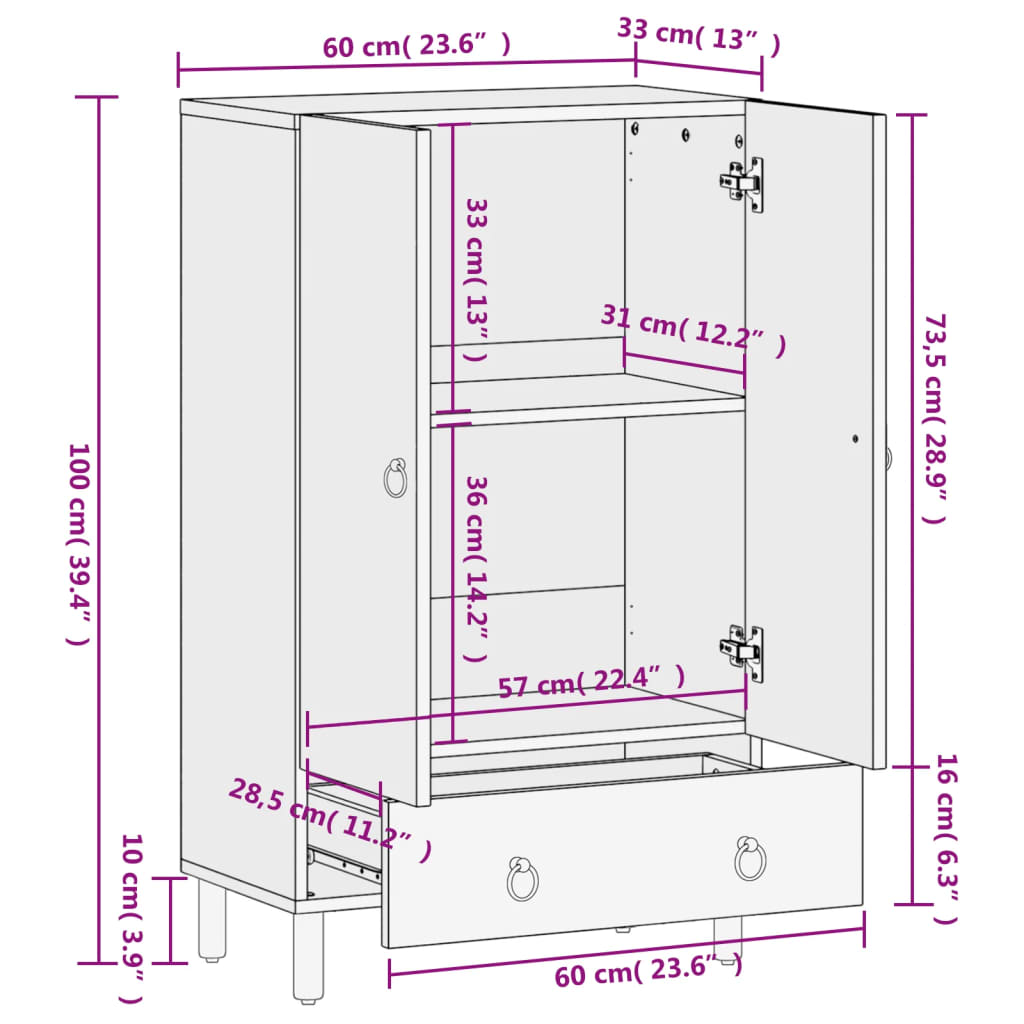 Highboard 60X33X100 Cm Massivholz Mango