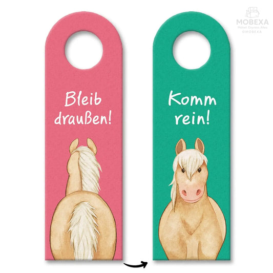 Horse Door Hanger with Saying Bleib draußen - Komm rein Pony Decor for Girls Children's Room Horse Girls Children Teenagers Ideal for Haflinger Lovers MOBEXA
