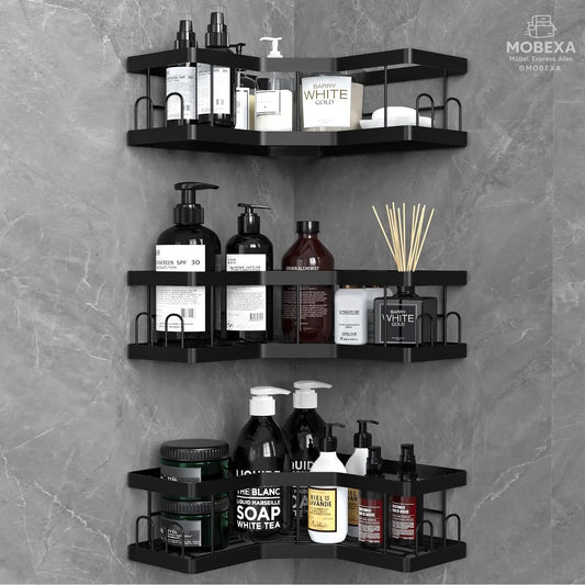 Shower Shelf No Drilling 4 Pieces Black (SM+1) Shower Shelf, Carbon Steel Bathroom Shelf with Adhesive, Shampoo Holder for Shower, Rust-Resistant Shower Basket, Shower Holder Accessories, Bathroom MOBEXA