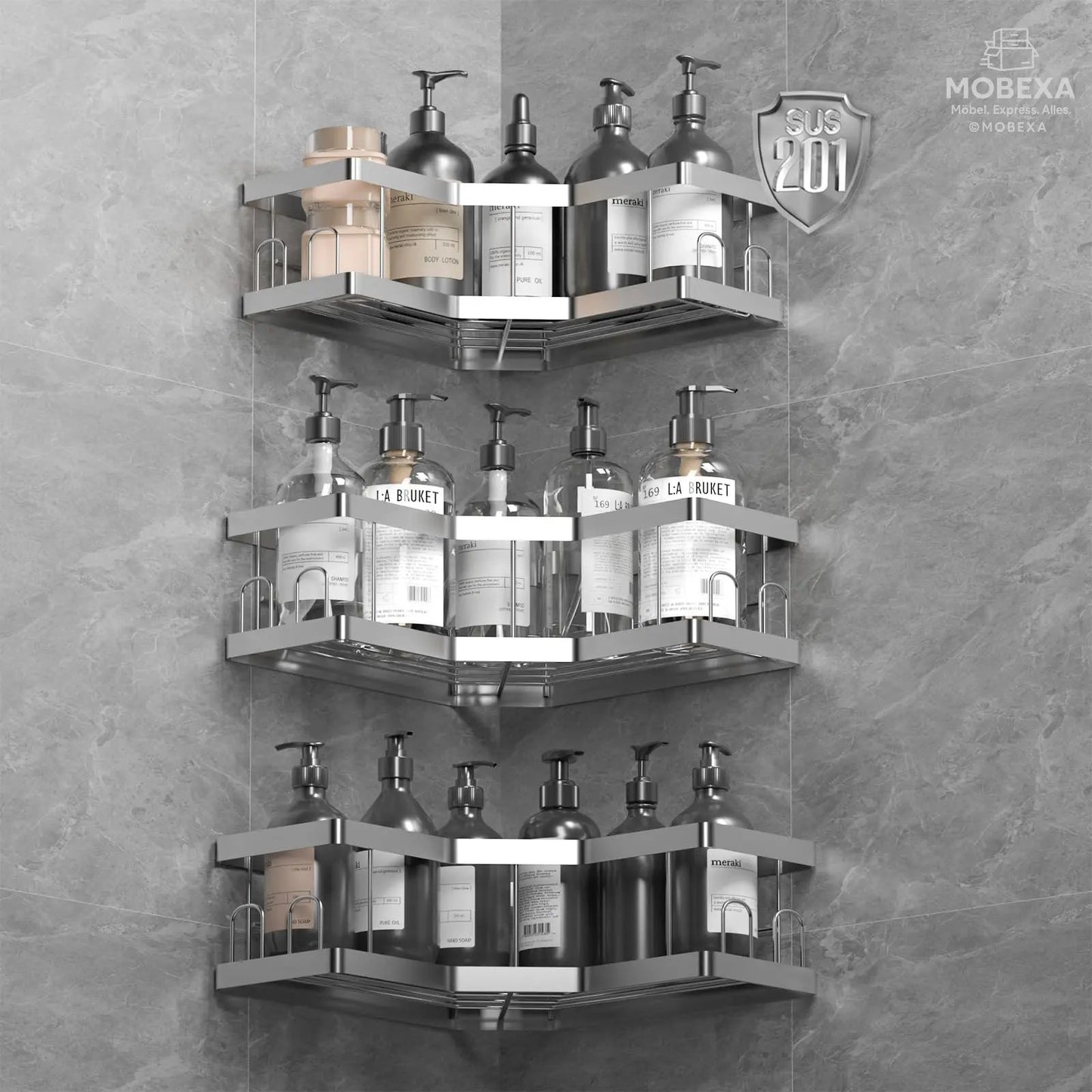 Shower Shelf No Drilling 4 Pieces Black (SM+1) Shower Shelf, Carbon Steel Bathroom Shelf with Adhesive, Shampoo Holder for Shower, Rust-Resistant Shower Basket, Shower Holder Accessories, Bathroom MOBEXA