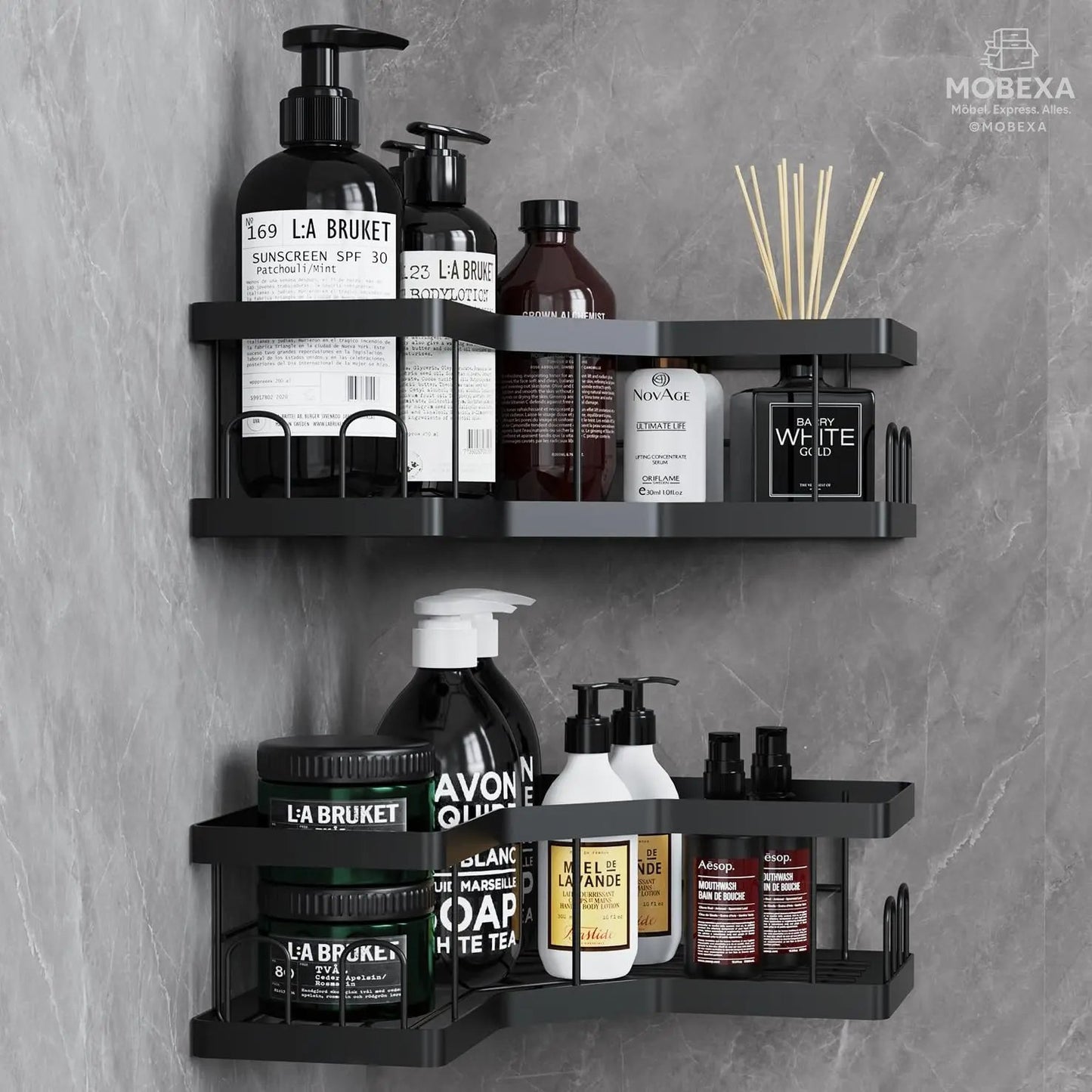 Shower Shelf No Drilling 4 Pieces Black (SM+1) Shower Shelf, Carbon Steel Bathroom Shelf with Adhesive, Shampoo Holder for Shower, Rust-Resistant Shower Basket, Shower Holder Accessories, Bathroom MOBEXA